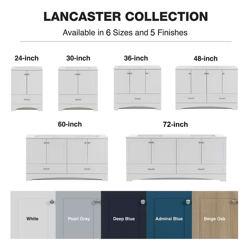 Lancaster 25 In. W  Single Sink White Bath Vanity with White Cultured Marble Top (Assembled) - Puck's