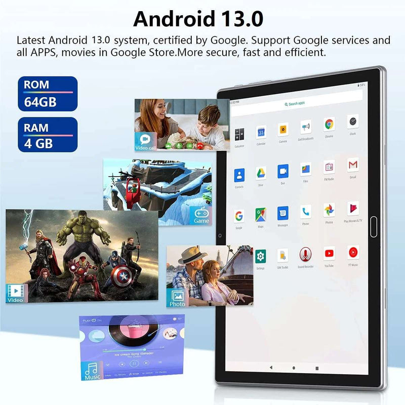 Tablet 10 Inch Android 13.0 Tablet 4G Cellular Tablet PC 2024 Latest Update 4G Phone Tablet 64GB + 4GB Storage Octa-Core Processor,Dual SIM Card Slot,Gps,Wifi,Bluetooth,1080P HD (Gray) Laptop Tablet - Puck's