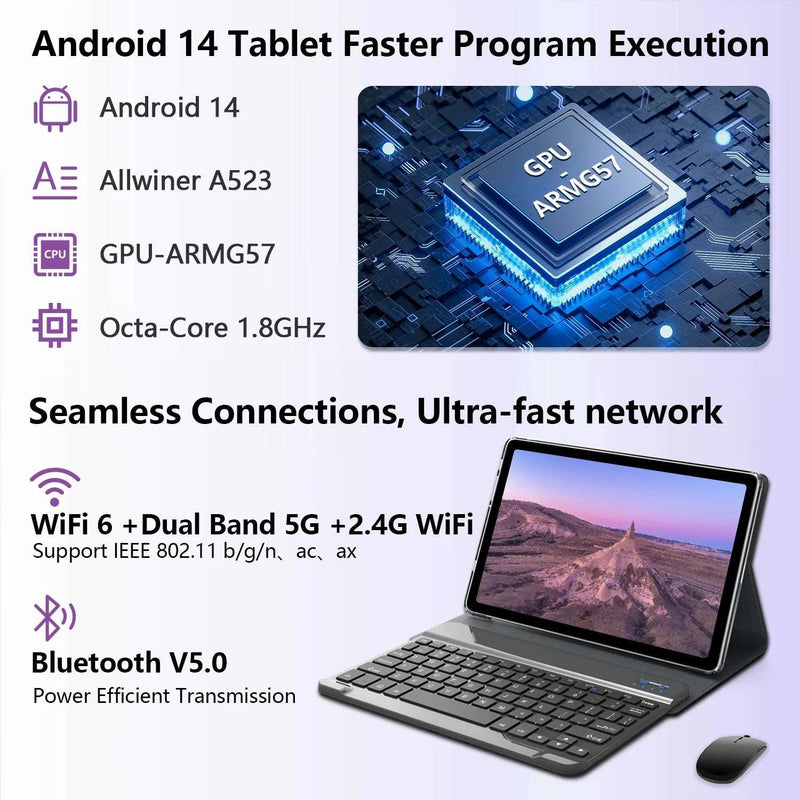 Tablet 10Inch Tablet,Android 14 Tablet,64Gb ROM 8GB Ram,Wifi 6,Octa-Core 5G Wifi,Widevine L1,Wireless Projection,Bluetooth,Dual Camera,7000Mah Battery,Hd Screen,2024 Newest Tablet with Keyboard,Black - Puck's