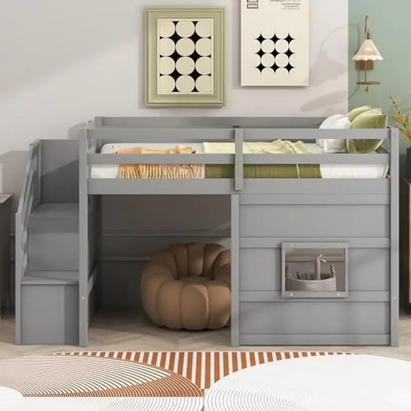Twin Low Loft Bed with Stairs & Storage Kids Solid Pine Wood Gray Finish High Safety Guard Rails Shelves& Movable Desk Modern - Puck's