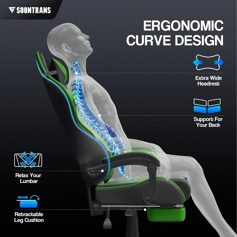 Gaming Chair Computer Chair with Footrest, Office Chair with Lumbar Massage Pillow, Racing Ergonomic Game Chair , Swivel Gamers Chair for Adults Kids, Green - Puck's