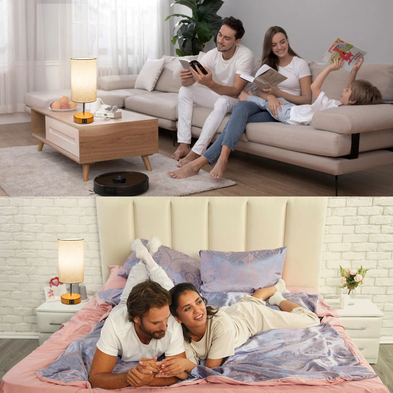 Bedside Lamp, Touch Control Table Lamp with USB A+C Charging Ports & AC Outlet 3-Way Dimmable Nightstand Lamp with Linen Fabric Shade for Bedroom Living Room with Light Bulb