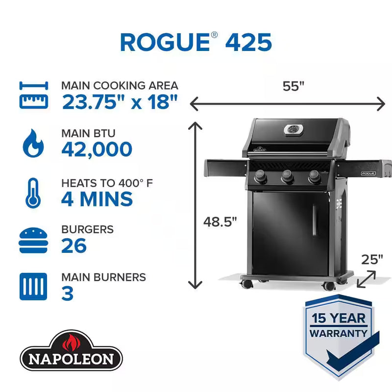 Rogue 425 3-Burner Propane Gas Grill in Black with Cast Iron Cooking Grids