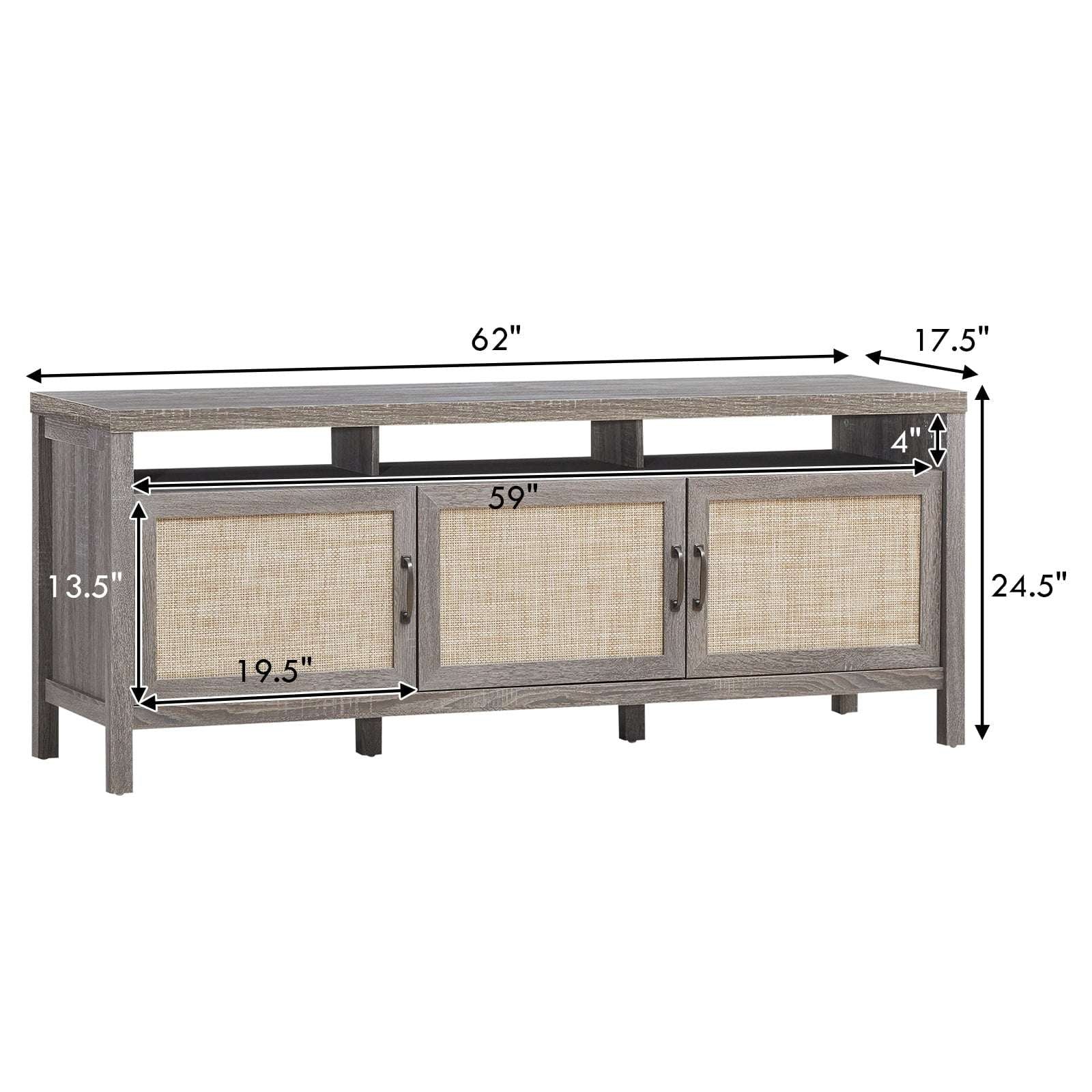 Universal TV Stand Cabinet Television Media Console with 3 Rattan Doors Grey - Puck's