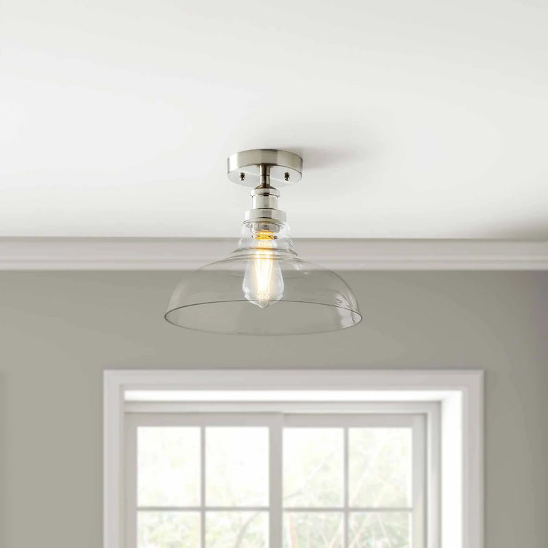 12" Farmhouse Nickel Flush Mount Ceiling Light, Metal Base Clear Glass Shade - Puck's