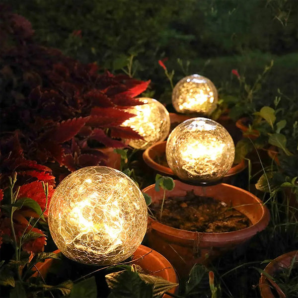 2Pcs Solar Lights Outdoor Garden Decor Cracked Glass Ball Warm Lights - Puck's