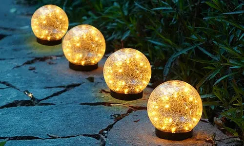 2Pcs Solar Lights Outdoor Garden Decor Cracked Glass Ball Warm Lights - Puck's