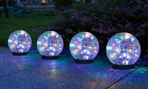 2Pcs Solar Lights Outdoor Garden Decor Cracked Glass Ball Warm Lights - Puck's