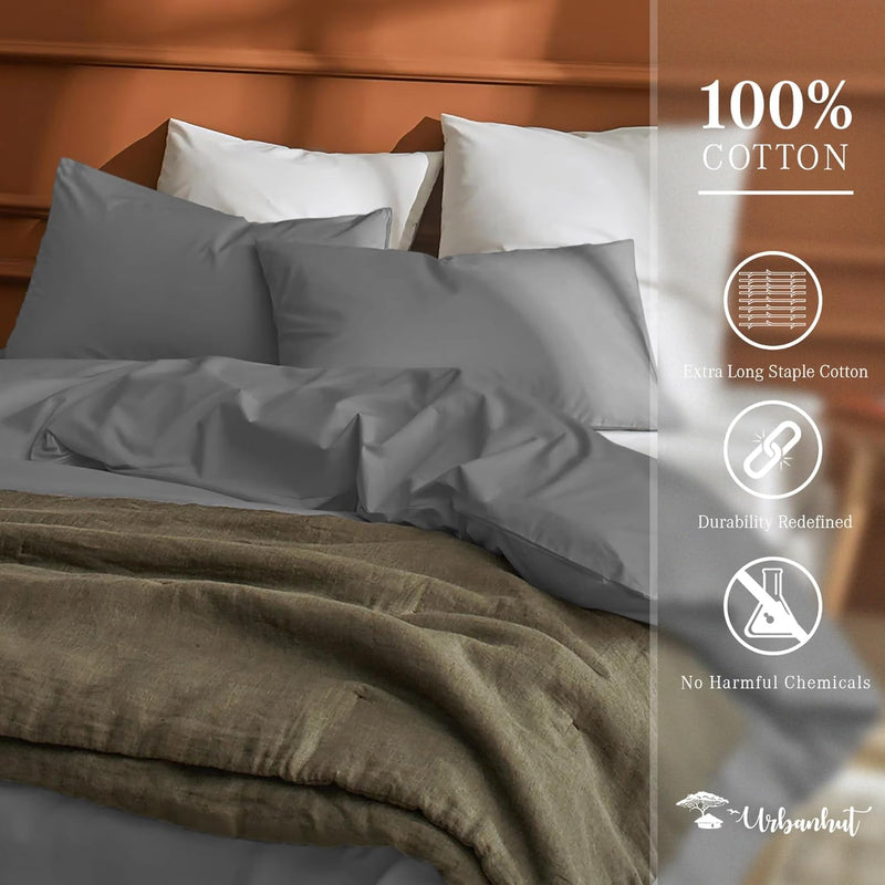 Queen Size Duvet Cover Set (3Pc), 100% Cotton 700 Thread Count, Luxury Sateen Weave Quilt Cover, Soft & Breathable Comforter Cover with Hidden Button Closure and 2 Pillow Cases -Dark Grey - Puck's