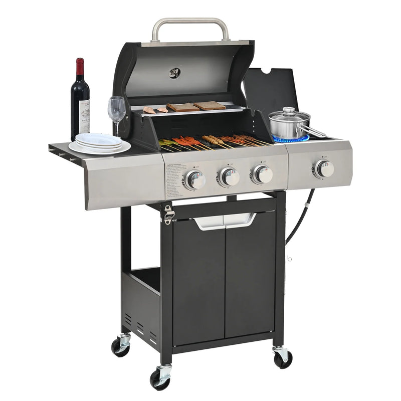 3 Burner Propane Gas BBQ Grill with Side Burner, Stainless Steel BBQ Grill with Cover for Outdoor Cooking and Patio Backyard, 40,500 BTU (3+1 Burner)