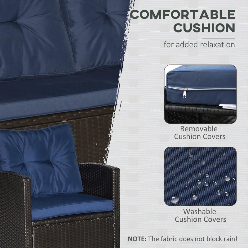 Outsunnny 4 Piece Patio Furniture Set, Outdoor Wicker Loveseat Sofa & Chairs, with 2-Tier Coffee Table & Tufted Cushions, Navy Blue - Puck's