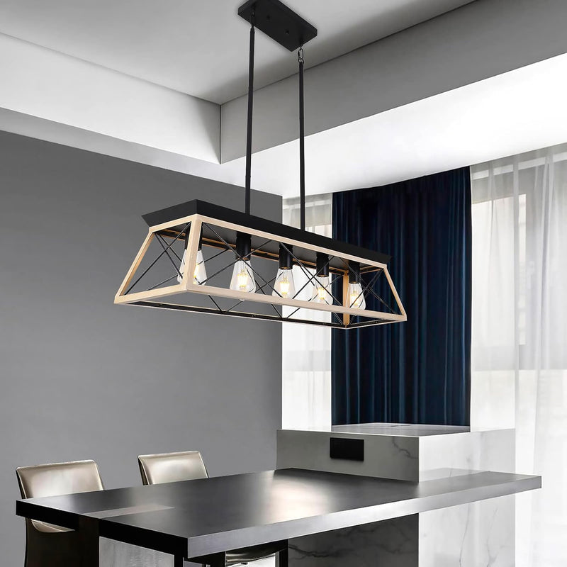 5-Light Kitchen Island Pendant Lighting, 31.5 Inch Farmhouse Chandelier,Rustic Linear Lighting Fixtures Ceiling, Dining Room Light Fixtures with White & Wood Painting - Puck's