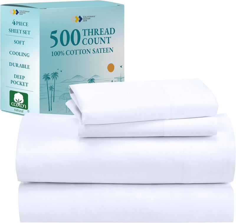 California King Size Sheet Set - 100% Cotton 500 Thread Count, Cooling Deep Pocket Bed Sheets with Fitted Elastic Sheet, Extra Soft Luxury Hotel Quality - White - Puck's