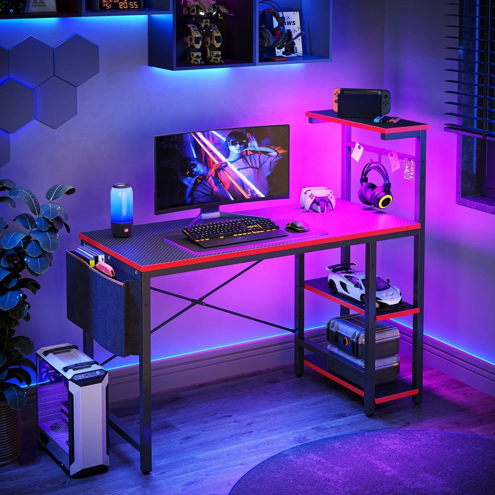 Computer Gaming PC Desk 44 Inch Gamer Table with LED Lights, Reversible 4 Tier Storage Shelves Carbon Fiber - Puck's
