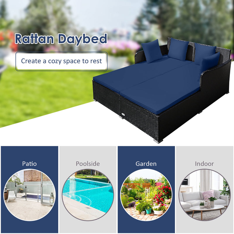 Outdoor Patio Rattan Daybed Pillows Cushioned Sofa Furniture Navy - Puck's