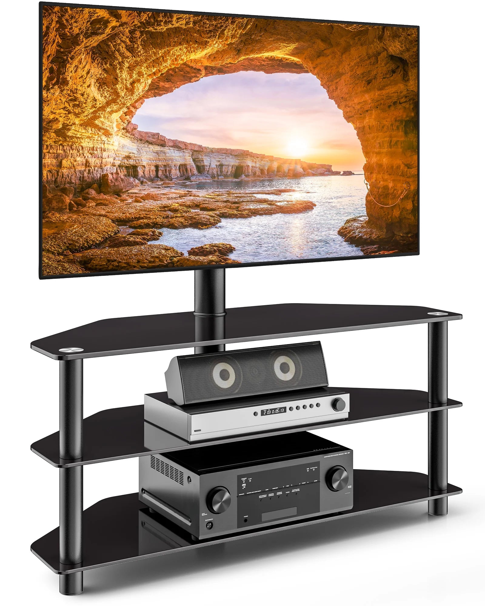 Corner TV Stand, 3-Tier Glass Floor TV Stand with Mount for 32-70" TV - Puck's