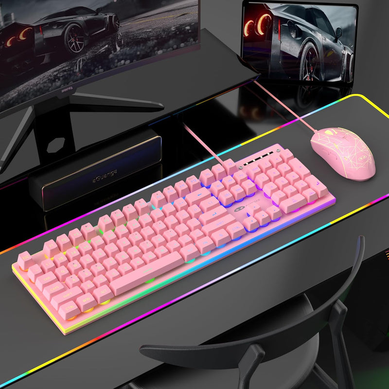 GT838 Gaming Keyboard and Mouse Combo, 104 Keys RGB Backlit Quiet Wired Keyboards for Laptop PC MAC, with Number Pad, Metal Panel, Anti-Ghosting, Pink - Puck's