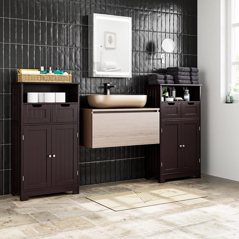 Bathroom Cabinet, Floor Storage Cabinet with 2 Doors and 2 Drawers, Free Standing Wooden Storage Organizer for Living Room, Dark Brown - Puck's