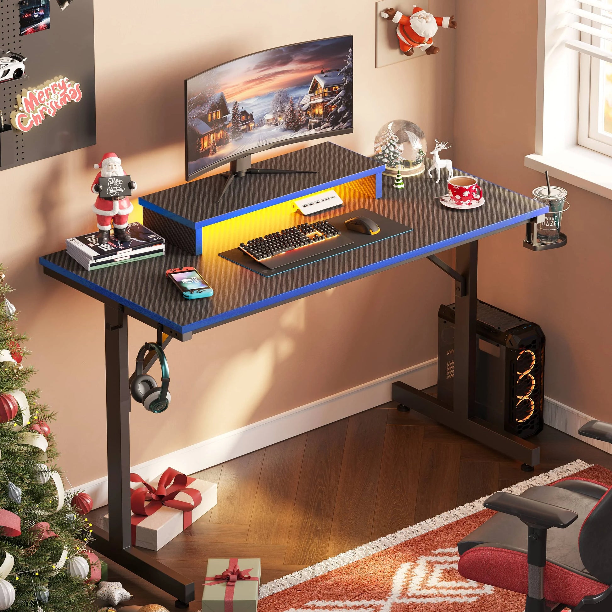 42" Gaming Desk PC Computer Table with LED Lights & Monitor Stand & Hook & Cup Holder in Blue - Puck's