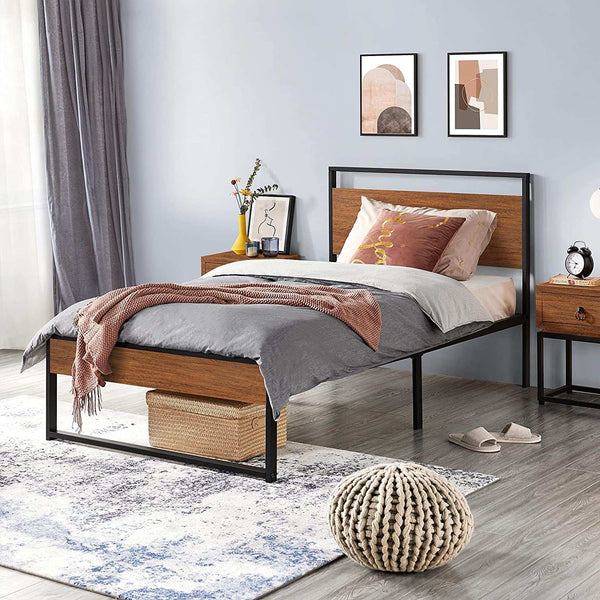 Twin Size Bed Frame, Single Metal Platform Bed with Rustic Wooden Headboard and Footboard, No Box Spring Needed/12 Inch Underbed Storage Space/No Noise/Easy Assembly, Walnut - Puck's