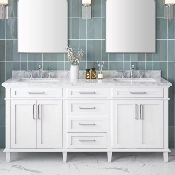 Sonoma 72 In. Double Sink White Bath Vanity with Carrara Marble Top (Assembled) - Puck's