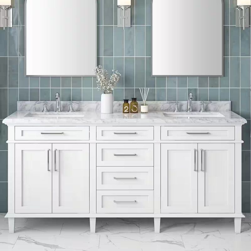 Sonoma 72 In. Double Sink White Bath Vanity with Carrara Marble Top (Assembled) - Puck's