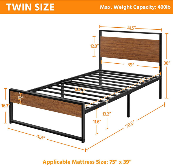 Twin Size Bed Frame, Single Metal Platform Bed with Rustic Wooden Headboard and Footboard, No Box Spring Needed/12 Inch Underbed Storage Space/No Noise/Easy Assembly, Walnut - Puck's