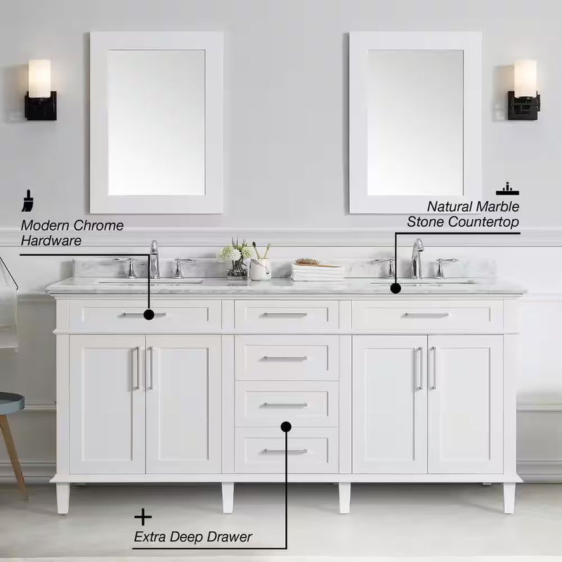 Sonoma 72 In. Double Sink White Bath Vanity with Carrara Marble Top (Assembled) - Puck's