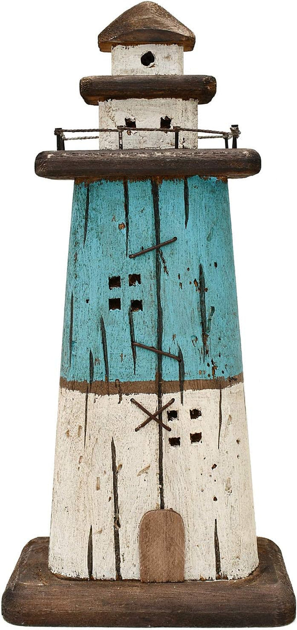 Wood Lighthouse Decor Nautical Light House Beach Coastal Ocean Decorations Table Seaside Marine Themed Home Decor Lake House Bathroom Shelf Table Centerpiece 13 Inch (Bloue White) - Puck's
