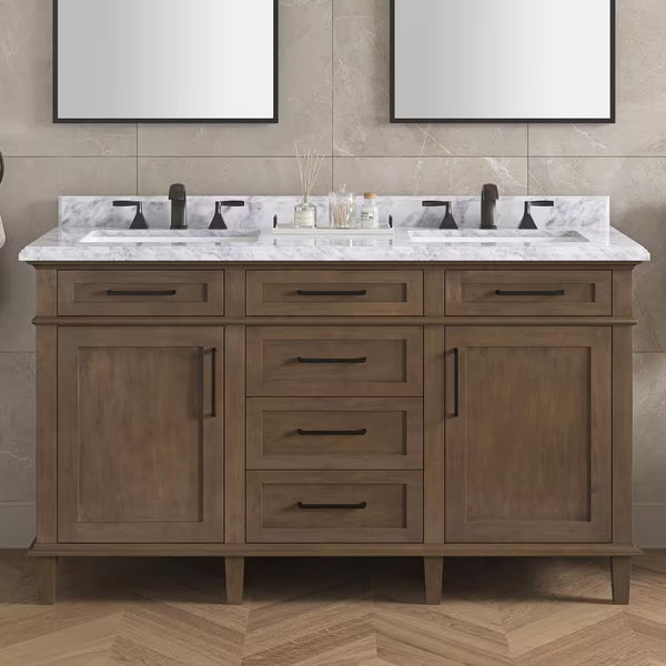 Sonoma 60 In. Double Sink Almond Latte Bath Vanity with Carrara Marble Top (Assembled) - Puck's