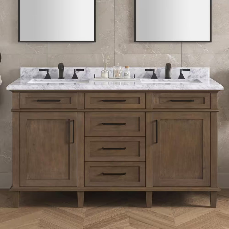 Sonoma 60 In. Dubbele Wastafel Almond Latte Badmeubel met Carrara Marmeren Bovenblad (Gemonteerd) - Puck's