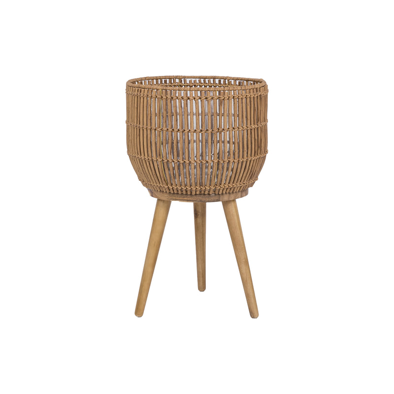 13 Inch round Brown Resin Rattan Planter & Stand with Acacia Wood Legs - Puck's