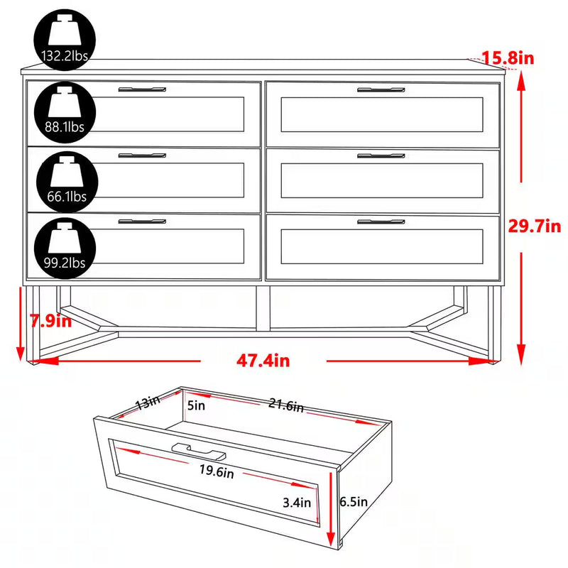 Gele bamboe 6-ladenkast 47.4 In. B Commode Rotan met Unieke Basis (29.7 In. H X 15.8 In. L) - Puck's