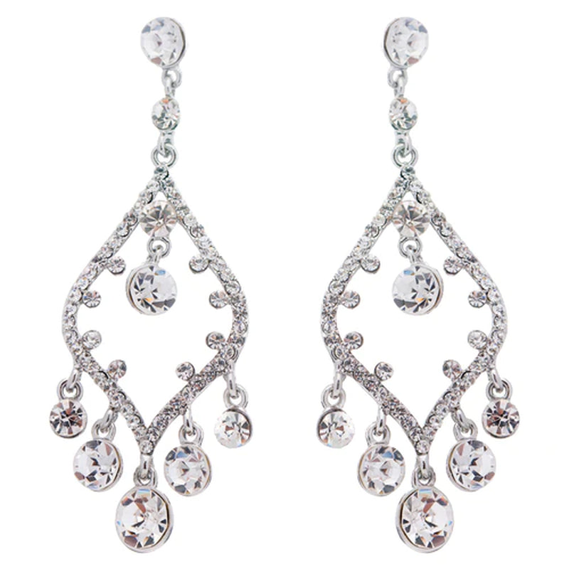 Bridal Wedding Jewelry Crystal Rhinestone Open Chandelier Dangle Earrings Silver - Puck's