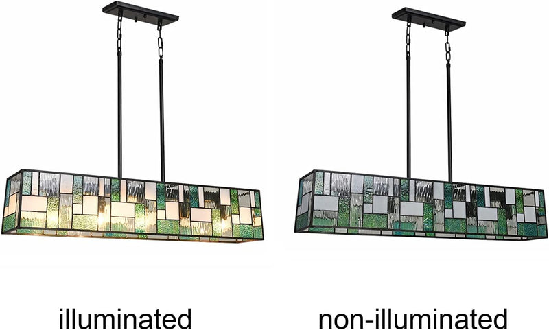 Tiffany Pendant Light Fixtures Pool Table Lights Hanging Chandelier 5 Light Rectangle Green Stained Glass Pendant Lamp for Dining Room Kitchen Island and Bars - Puck's