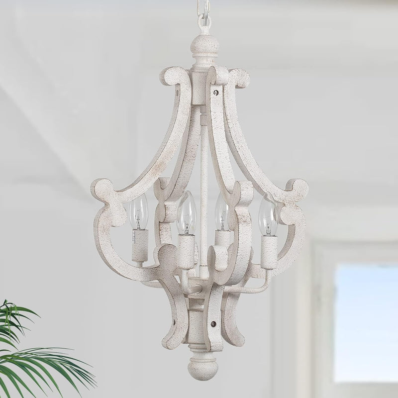 Farmhouse Rustic Wood Light Fixture Distressed White Dining Room Pendant Chandelier French Country 4 Light Candle Hanging Lamp for Kitchen Island Living Room Bedroom Entryway Foyer - Puck's
