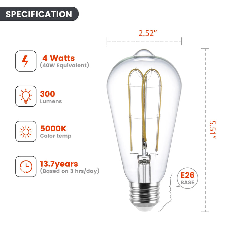 ST19 LED Vintage Bulb 4W(40 Equivalent) Daylight, Dimmable E26 Base(2 Pack) - Puck's