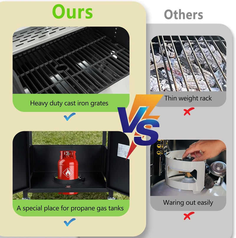 4-Burner Propane Gas Grill with Side Burner, 46700 BTU Porcelain-Enameled Cast Iron Grates Outdoor Cooking Stainless Steel BBQ Grills Cabinet, Black