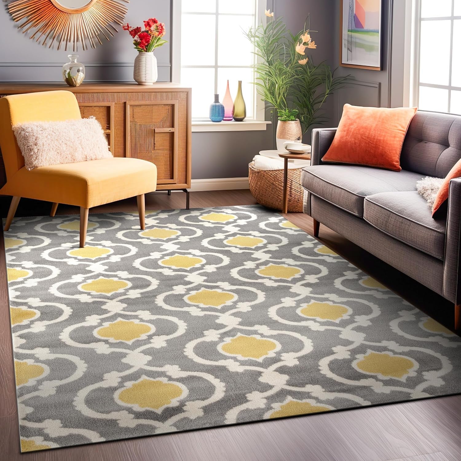 Moroccan Trellis Contemporary Perfect for High Traffic Areas of Your Living Room,Bedroom,Home Office,Kitchen Area Rug 10' X 14' Gray/Yellow - Puck's