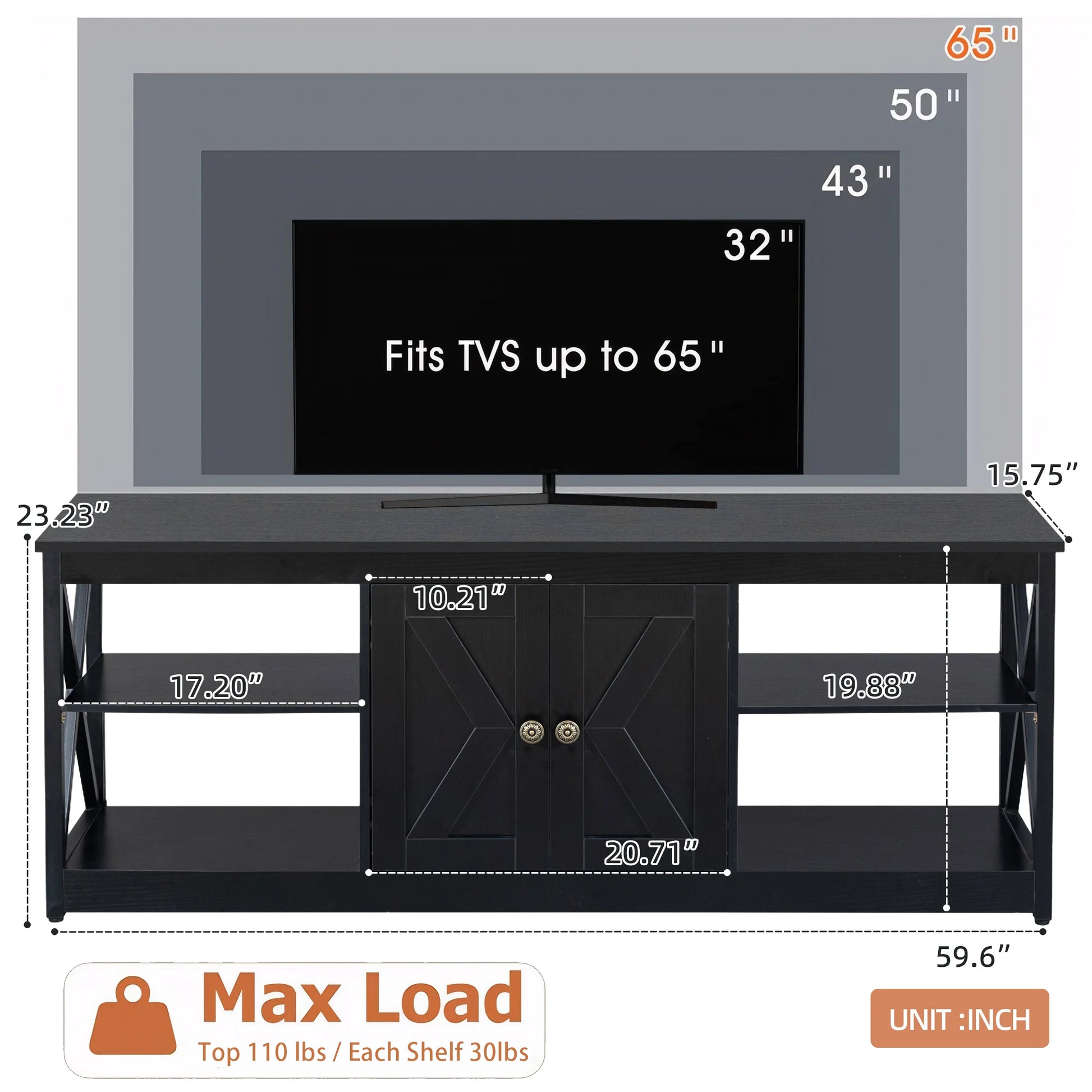 Black TV Stand for 65 Inch TV, Modern TV Cabinet with LED Light - Puck's