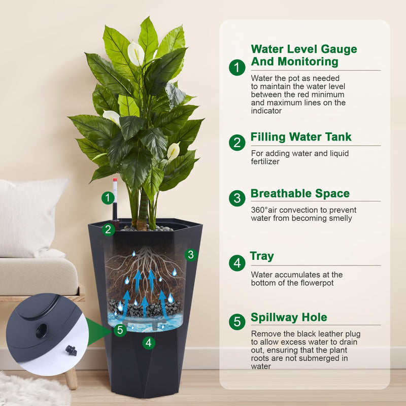 23" Tall Planters Set of 2, Outdoor＆Indoor Planter Pots, High Front Porch Planter Pots with Drainage Holes＆Water Level Monitor＆Inner Bucket, Automatic Watering, Convenience Instill, Black - Puck's