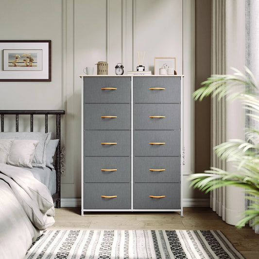 10 Drawer Dresser Chest of Storage Dresser Tall Fabric Dresser Storage Cabinet Bin Nightstand Cabinet, Gray - Puck's Puck's