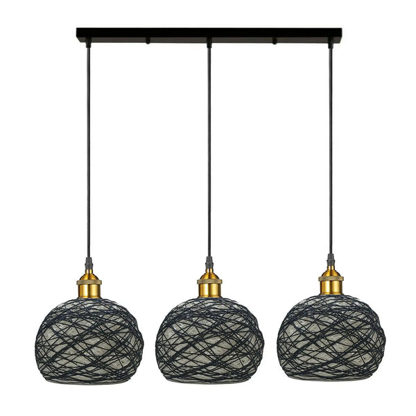 3 Head Wicker Globe Shape Pendant Shade Retro Hanging Ceiling Lamp - Puck's