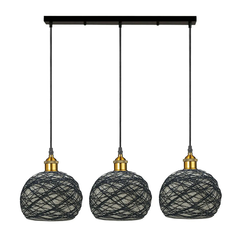 3 Head Wicker Globe Shape Pendant Shade Retro Hanging Ceiling Lamp - Puck's
