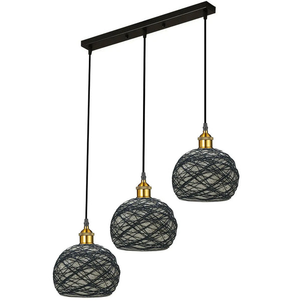 3 Head Wicker Globe Shape Pendant Shade Retro Hanging Ceiling Lamp - Puck's