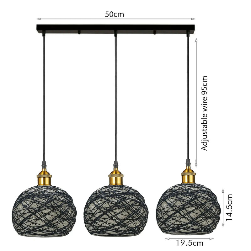 3 Head Wicker Globe Shape Pendant Shade Retro Hanging Ceiling Lamp - Puck's