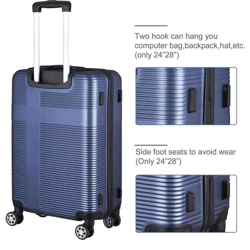 3 Piece Luggage Sets with TSA Lock ABS, Durable Luggage Set, Lightweight Suitcase with Hooks, Spinner Wheels, Cross Stripe Luggage Sets 20In/24In/28In(Dark Blue) - Puck's