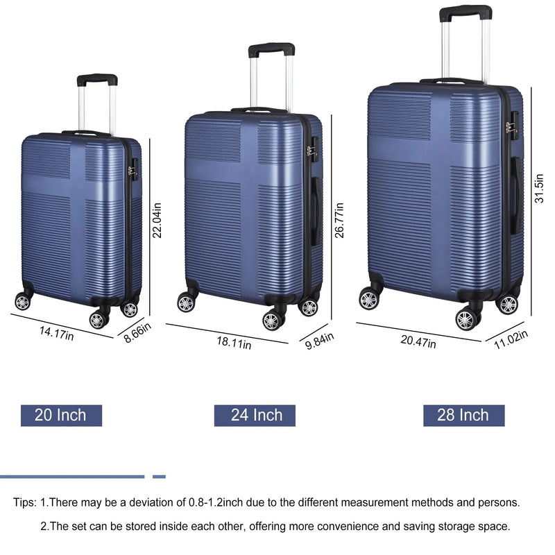 3 Piece Luggage Sets with TSA Lock ABS, Durable Luggage Set, Lightweight Suitcase with Hooks, Spinner Wheels, Cross Stripe Luggage Sets 20In/24In/28In(Dark Blue) - Puck's