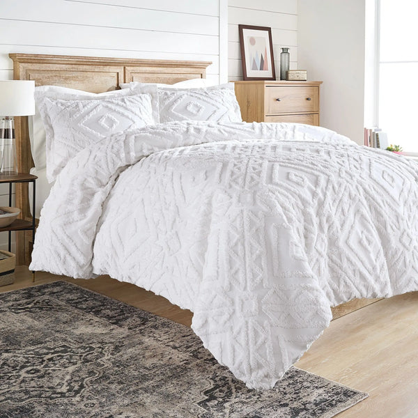 3-Piece White Chenille Duvet Cover Set, Full/Queen - Puck's