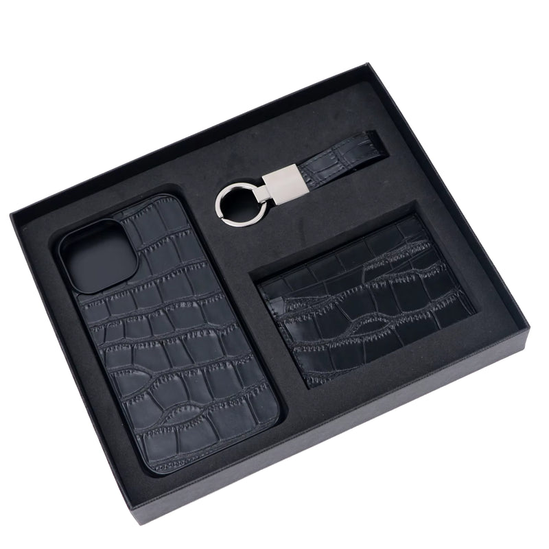 Customized Initials Gift Set Crocodile Pattern Leather Phone Case for Iphone Keychain Card Holder Gift Box Set Business Gift Set - Puck's